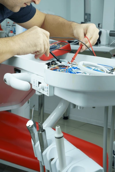 Maintenance technician fixing dental equipment